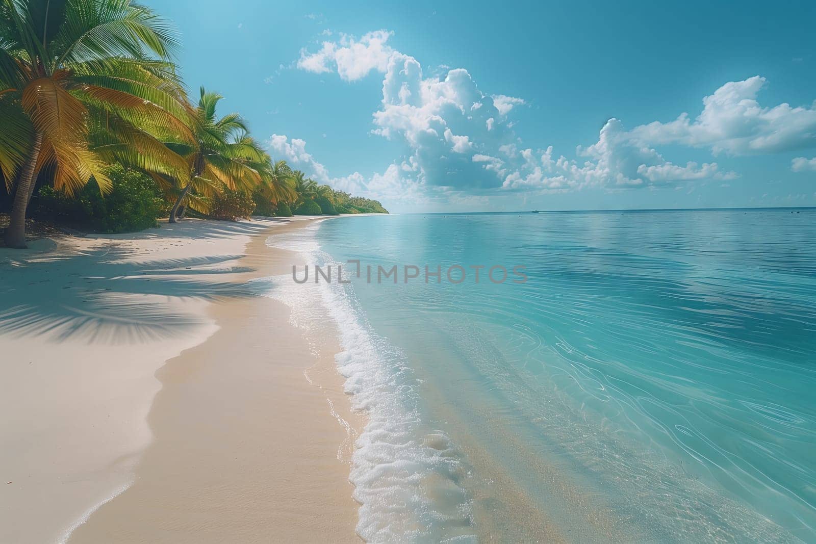 A natural landscape with palm trees on a tropical beach, azure water crashing on the sand under a clear sky with fluffy clouds on the horizon
