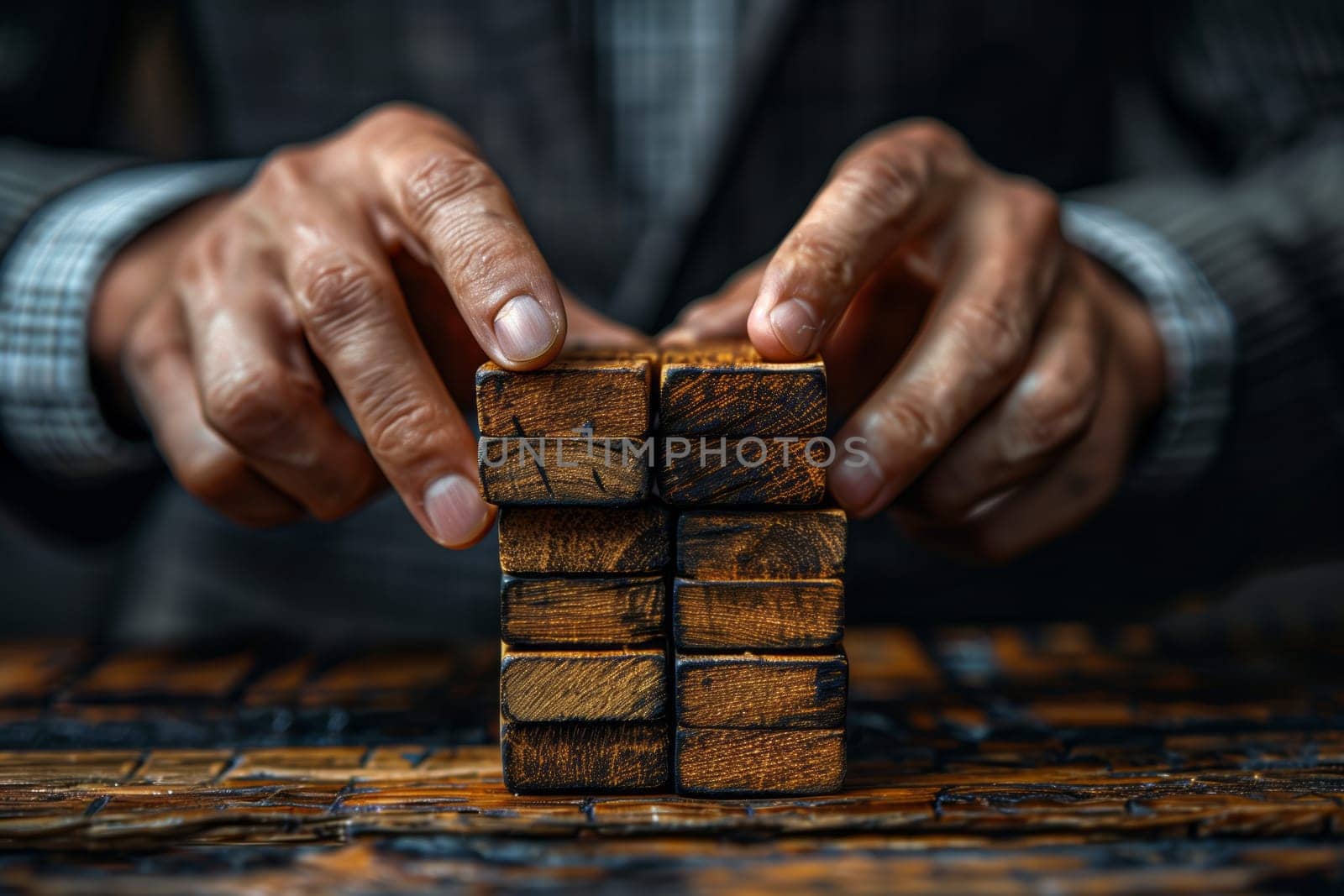 A man in a suit is displaying a stack of hardwood blocks with his hand by richwolf