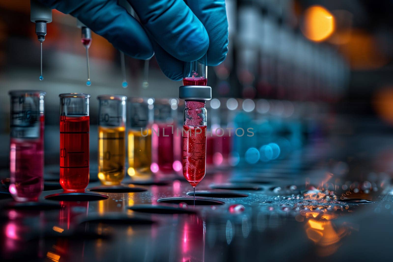 Pouring liquid into test tube in lab using glass bottle by richwolf