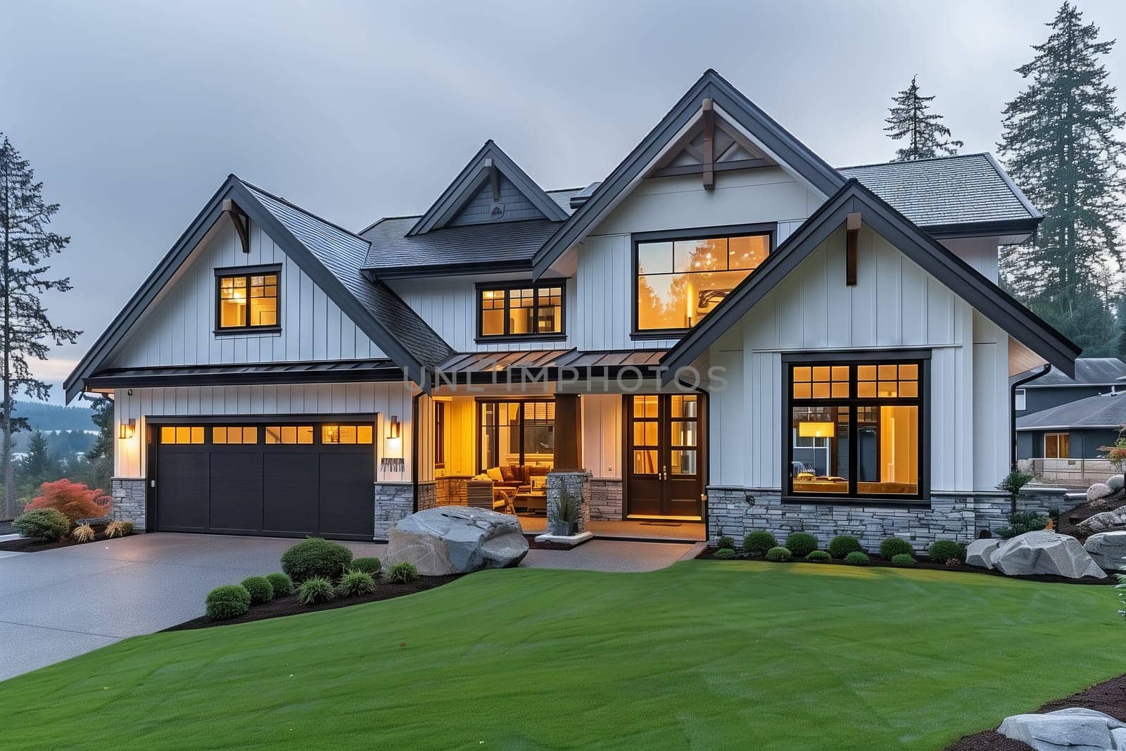 A stunning white and black house with a spacious lawn, surrounded by lush greenery. The facade of the building is beautifully complemented by the clear blue sky and tall trees