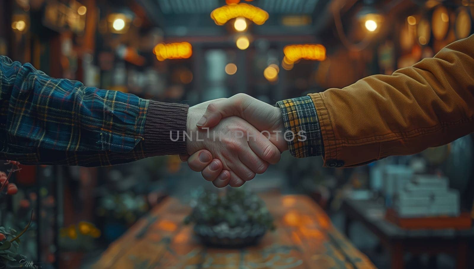 Two people are exchanging a friendly gesture, shaking hands with fingers interlocked in front of a wooden table. Their electric blue nail polish adds a fun touch to the event