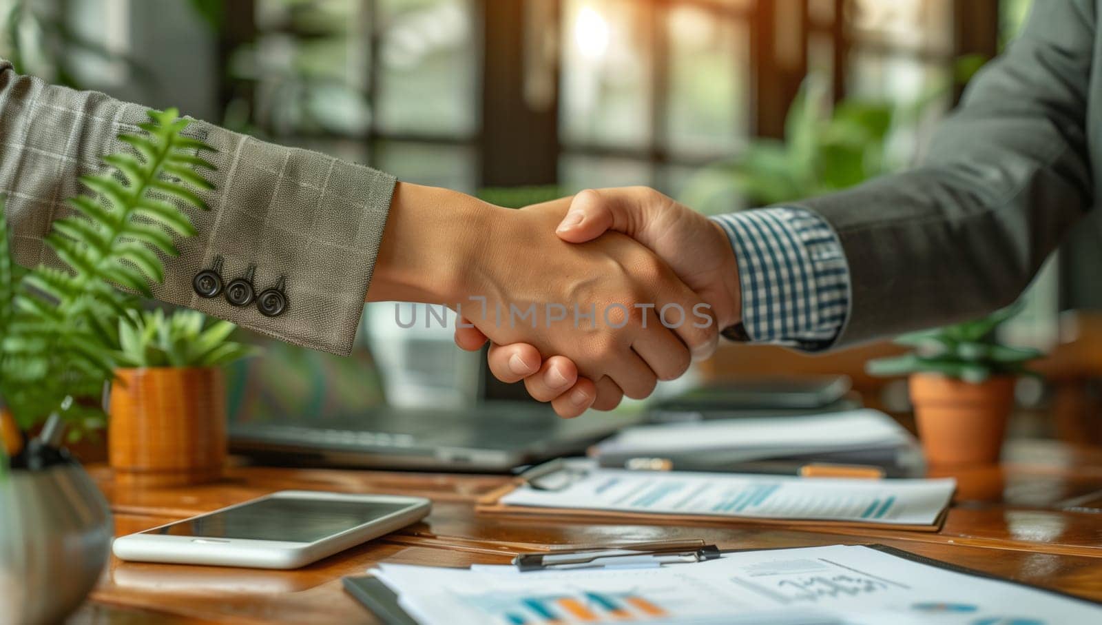 Two individuals are making a hand gesture over a wooden table, one holding a flowerpot with a houseplant as they shake hands with their fingers and thumbs