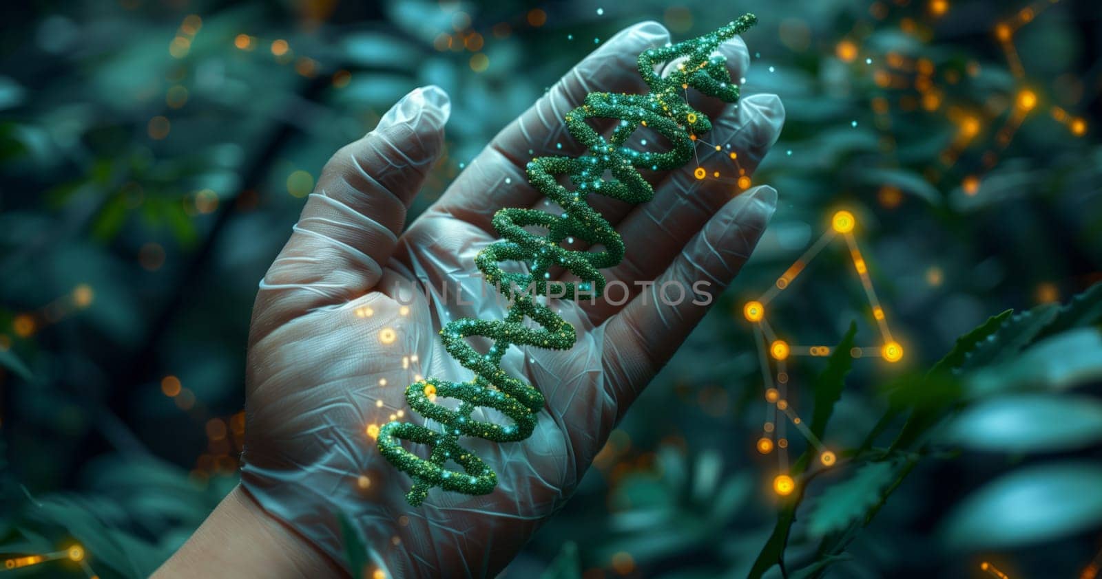 The person is holding a terrestrial plant in their hand, possibly a small decorative Christmas tree. The plant has electric blue needles and is reminiscent of a conifer tree commonly found in forests
