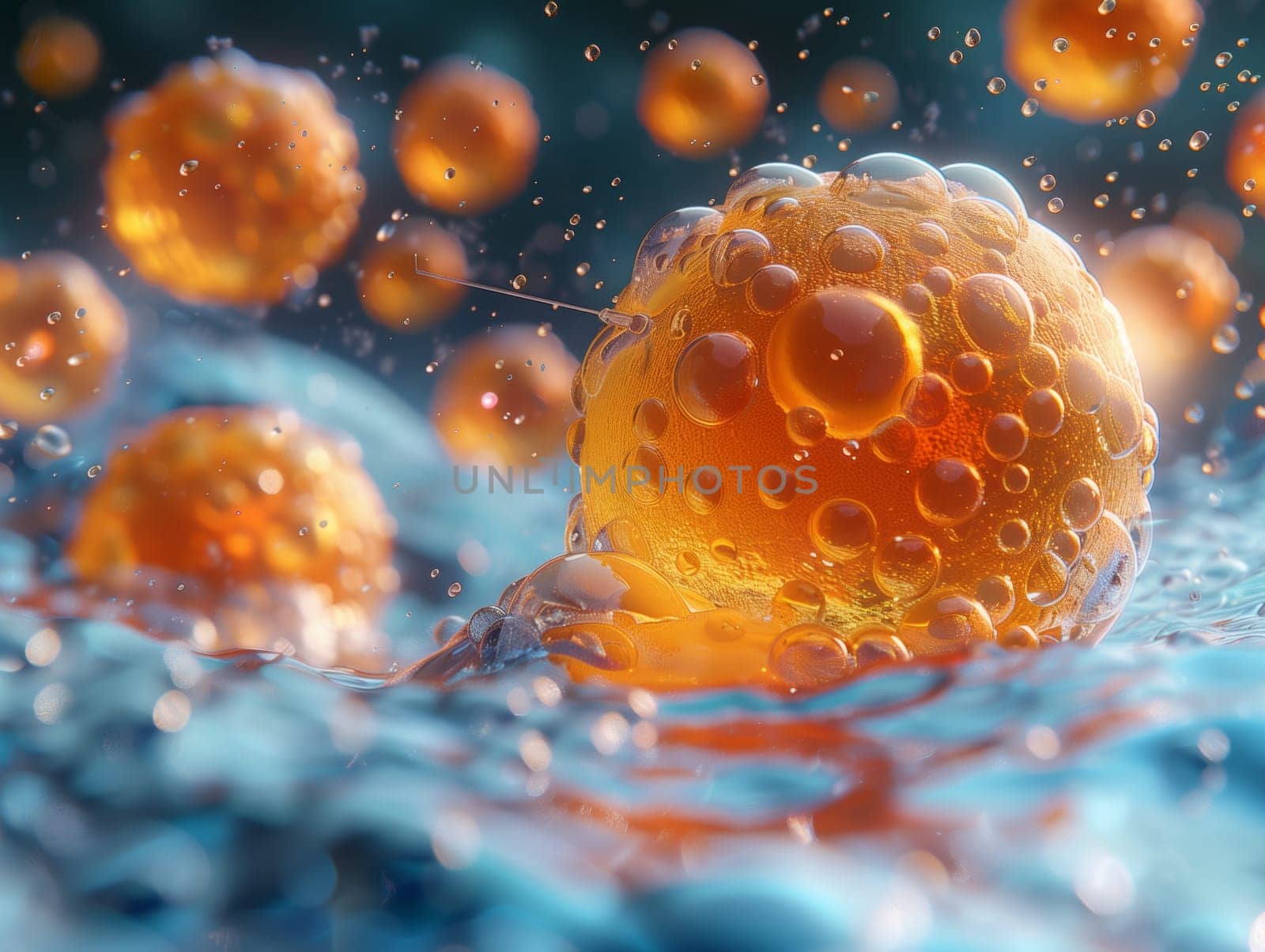 Closeup of electric blue organism in fluid surrounded by other cells underwater by richwolf