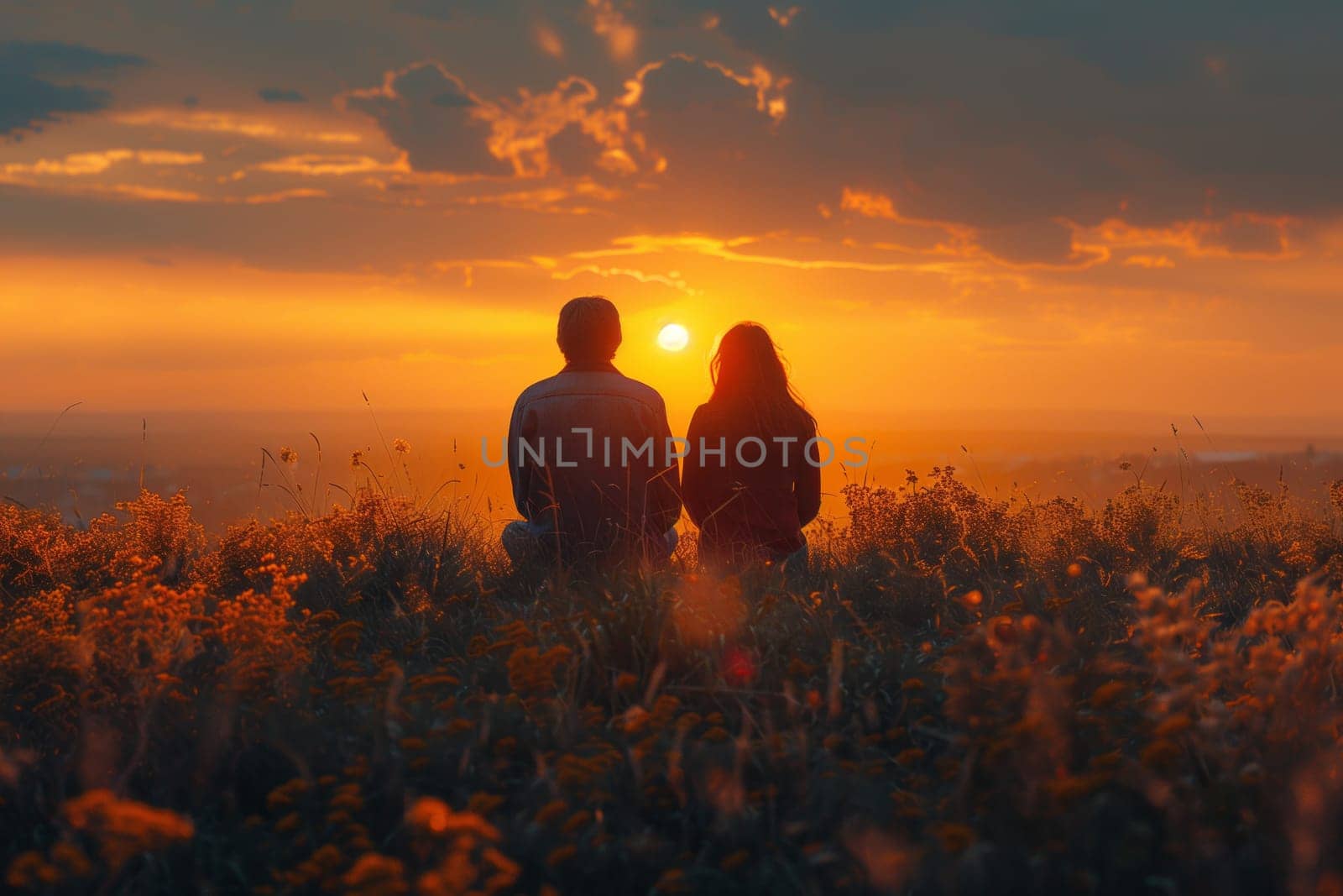 A man and a woman are enjoying the sunset in a field, surrounded by a beautiful natural landscape. They look happy and content as the sky fills with clouds and the afterglow of dusk