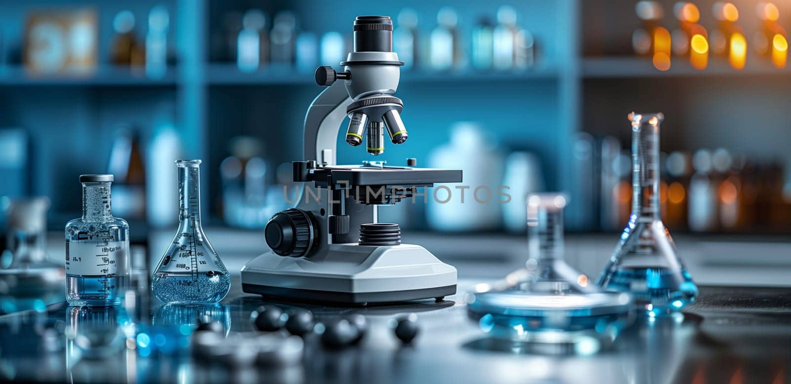 a microscope is sitting on a table in a laboratory surrounded by beakers and flasks . High quality
