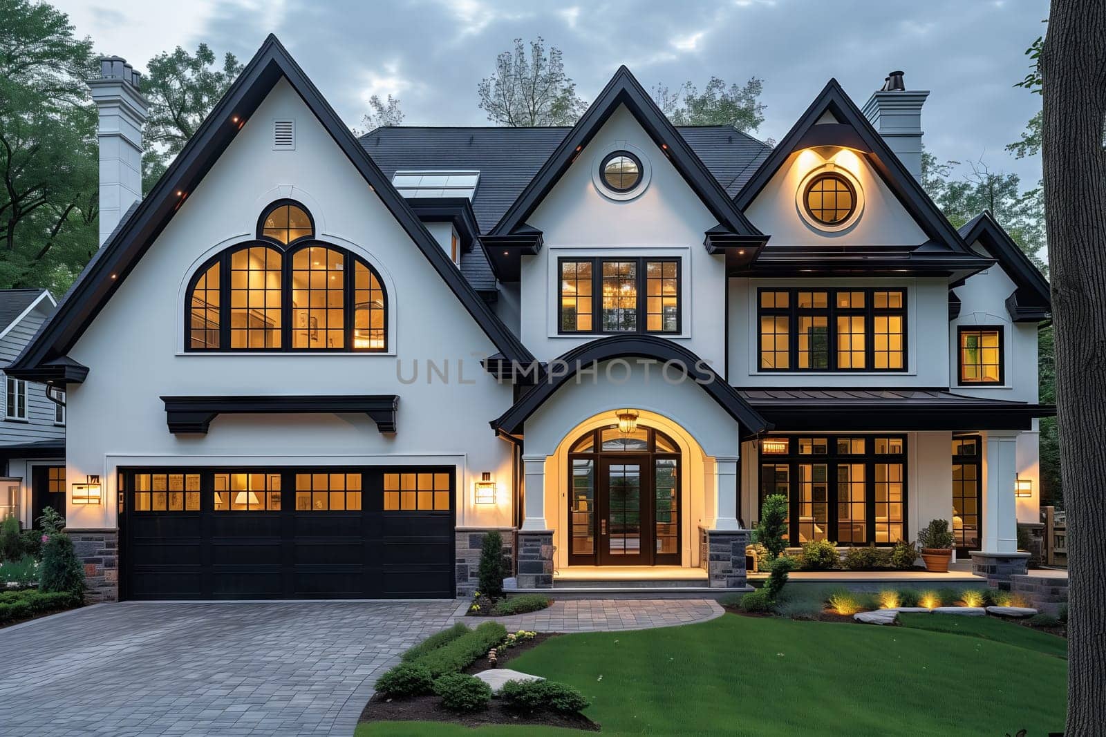 A large white and black house with a black garage door, surrounded by green grass, trees, and blue skies in a residential area