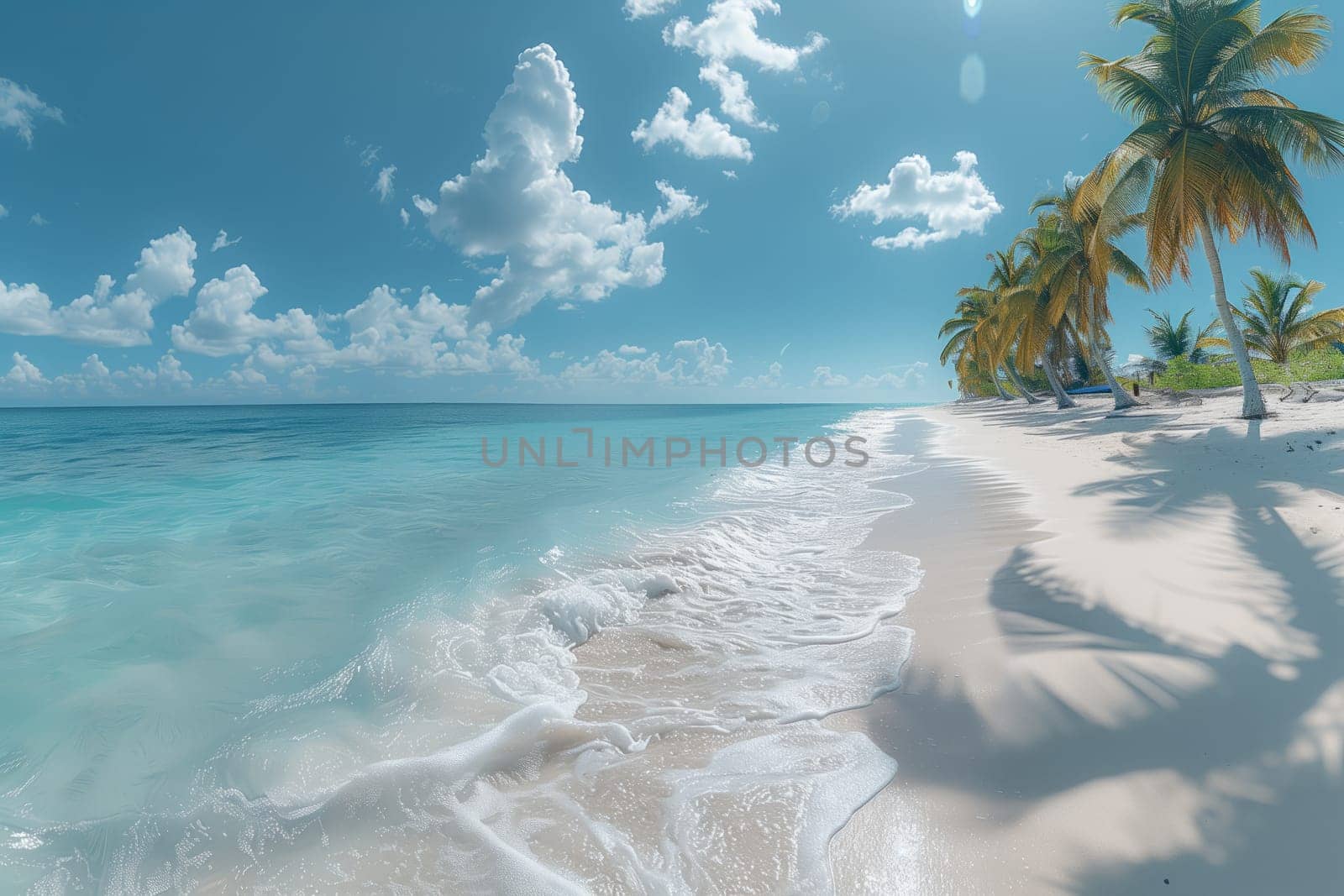 A natural landscape with azure waters, palm trees, and waves crashing on the sandy beach under a cloudy sky creating a serene horizon