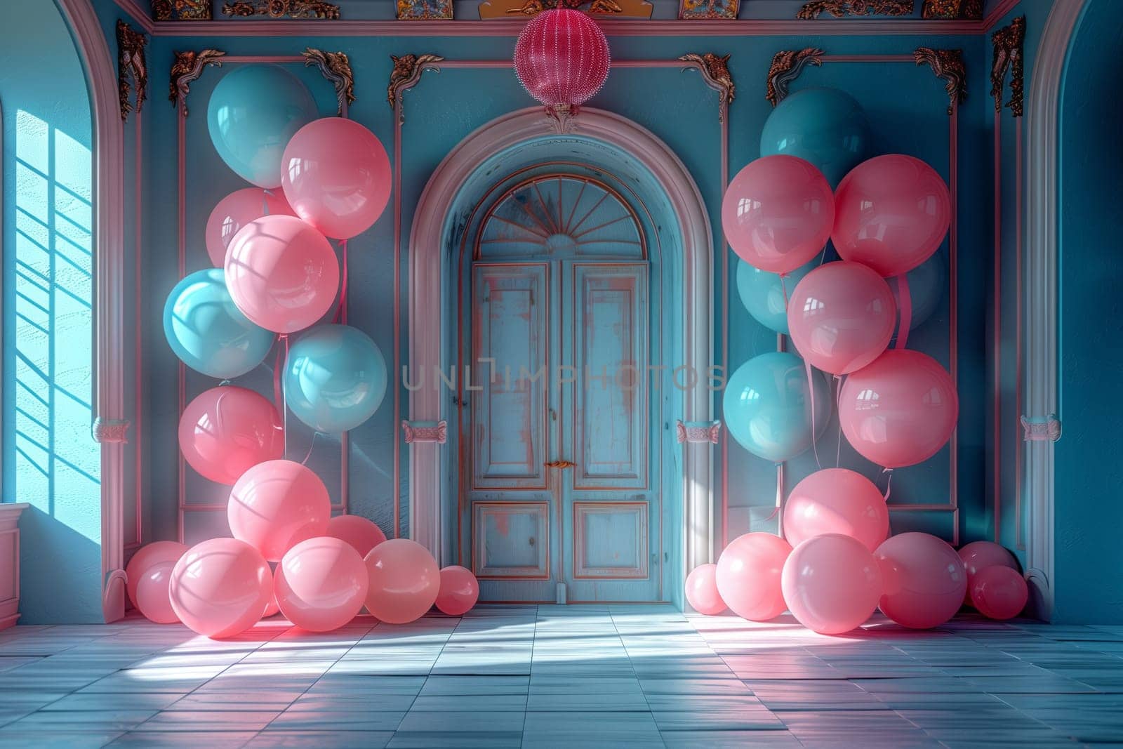 The room is filled with pink and blue balloons, creating a festive atmosphere. The balloons add a pop of color to the space, complementing the aqua windows and magenta door
