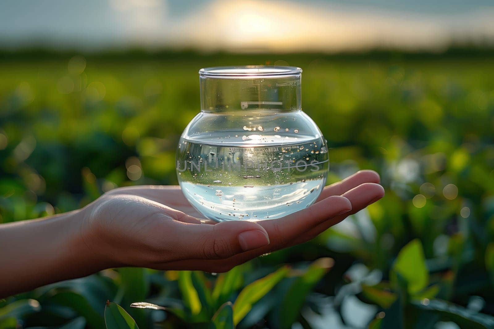 The person is holding a glass of liquid, possibly water, in their hand. Nearby is a plant with grass and groundcover. They seem to be in nature, enjoying the drink