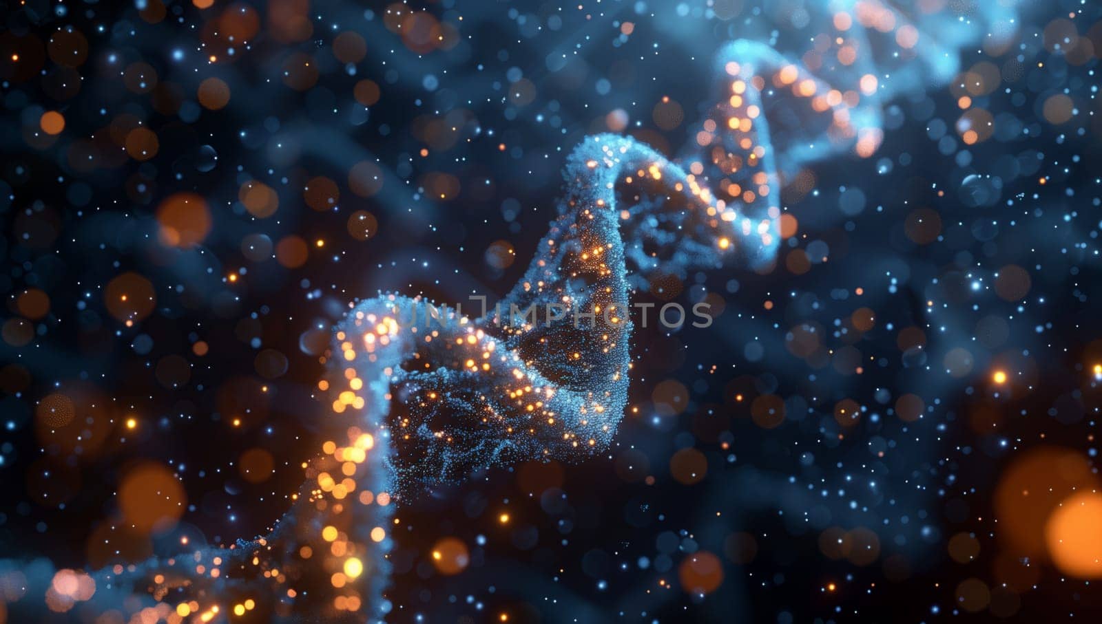 Computergenerated DNA structure with electric blue particles in the background by richwolf