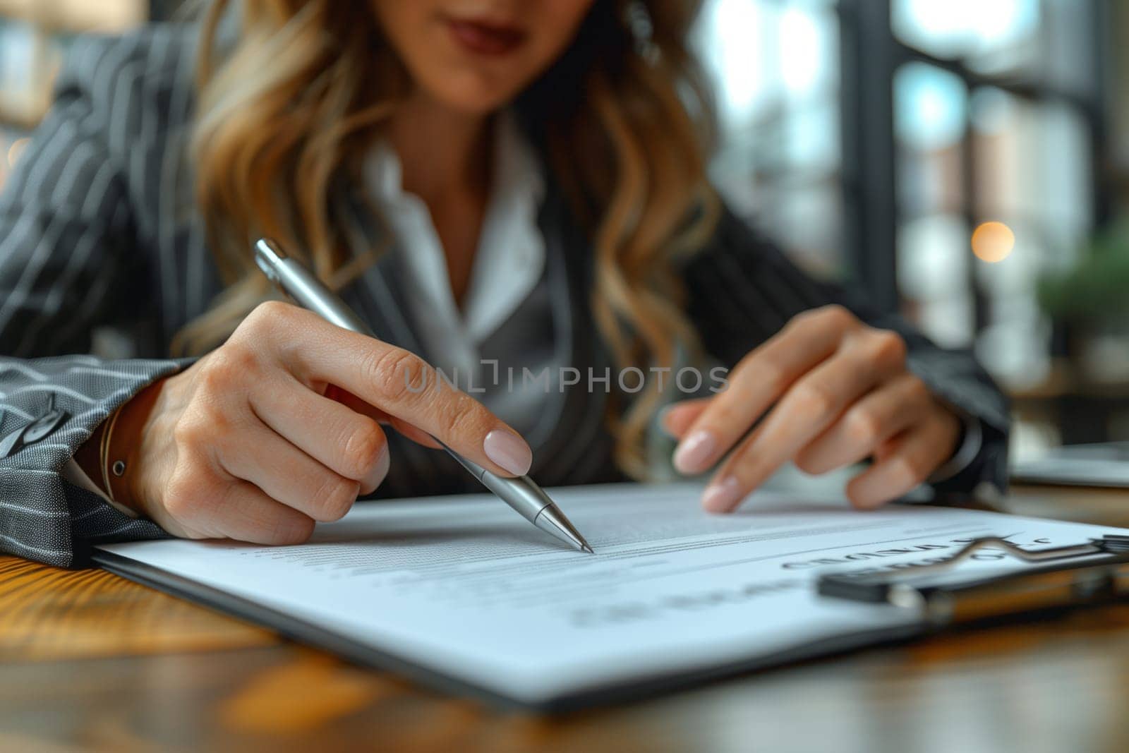 A woman at a table is signing a document with a pen by richwolf