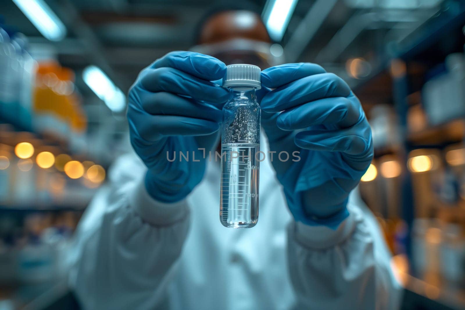 A scientist is holding a test tube in electric blue glass in a laboratory by richwolf