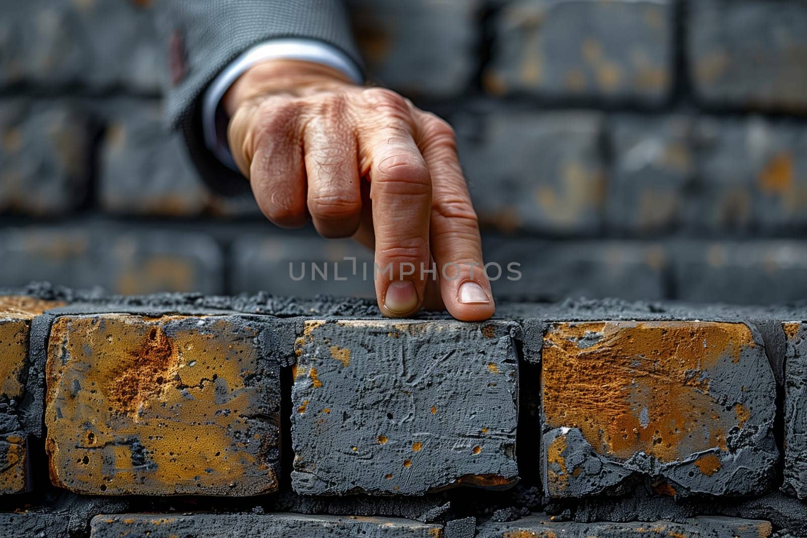 Using only his hand, the man is creating a brick wall with precise gestures. Each brick is carefully placed to form a sturdy structure