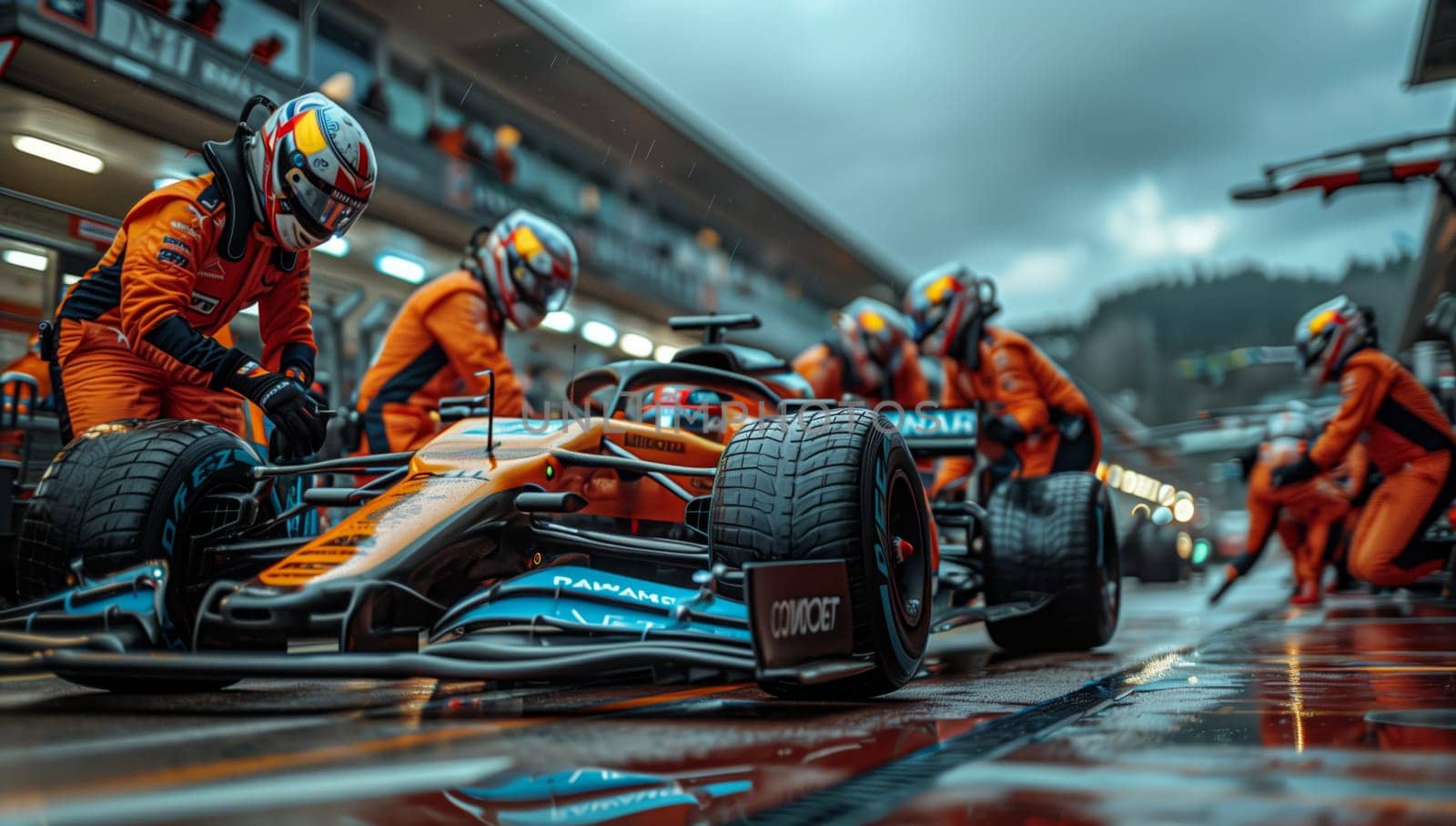 A team of men are modifying a race car in a garage, working on the vehicles automotive design and tires for an upcoming motorsport event