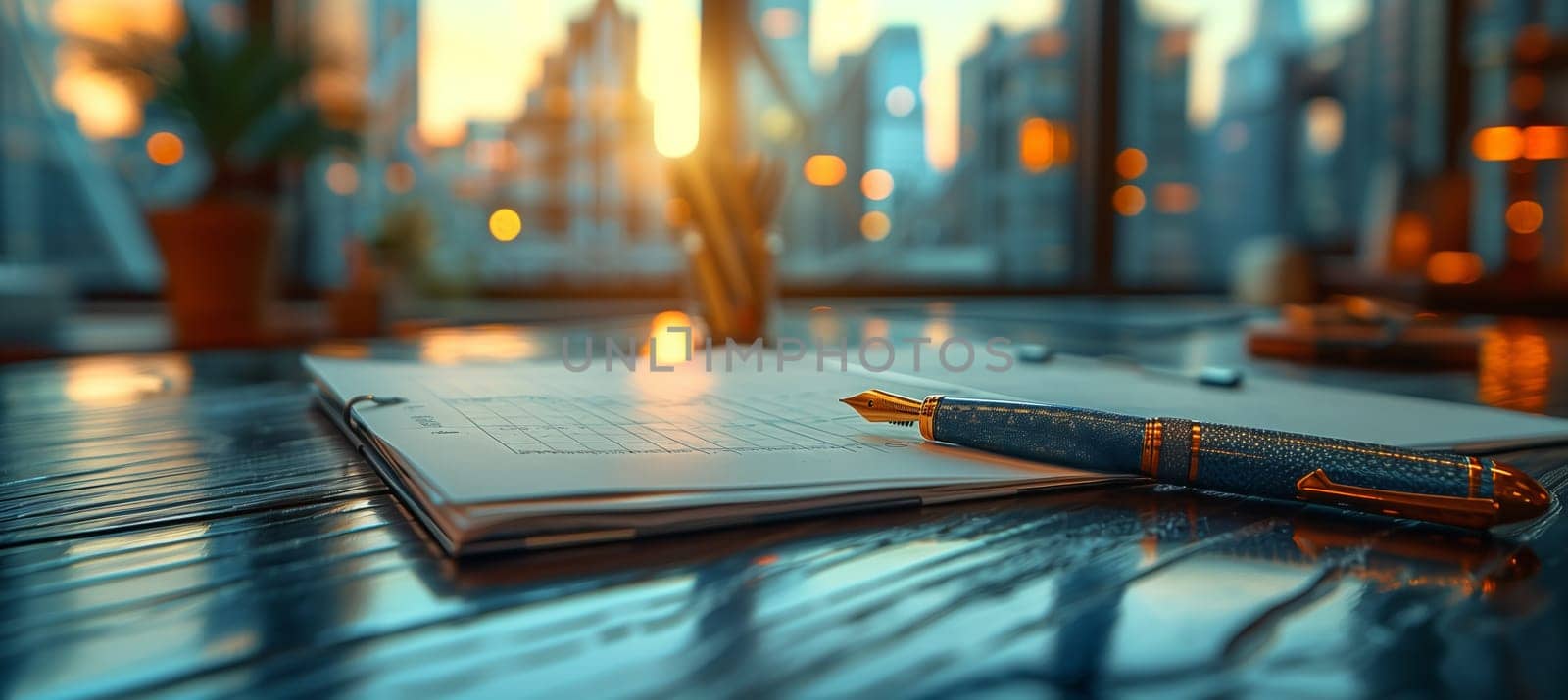 Pen rests on notebook on wooden table by swimming pool in morning sunlight by richwolf