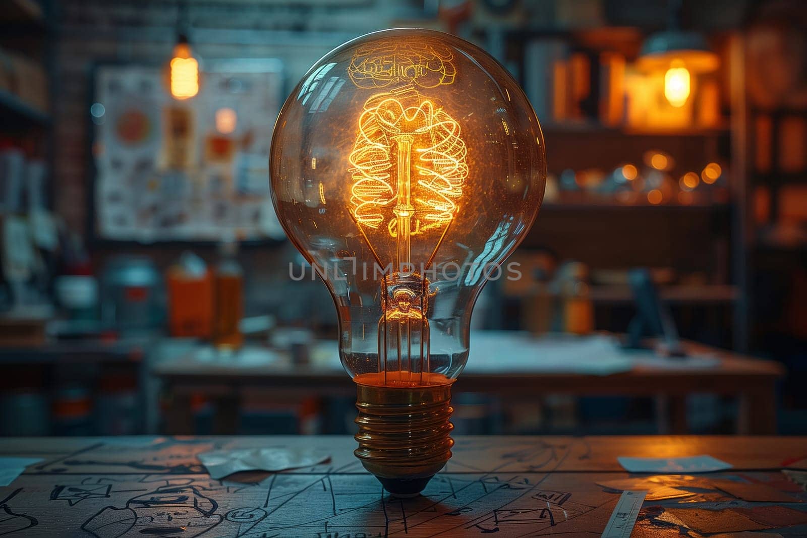 An amber lamp with a brain motif on a wooden table in the city by richwolf