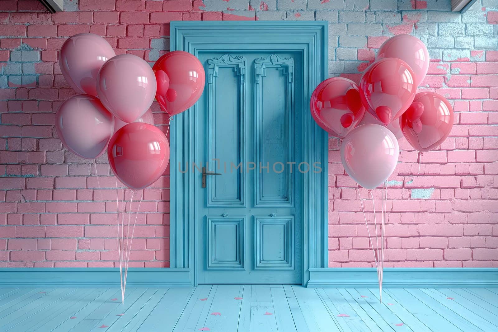 Aqua balloons adorn a blue door set against a pink brick wall. The rectangle shape creates a playful contrast in interior design with the magenta accents