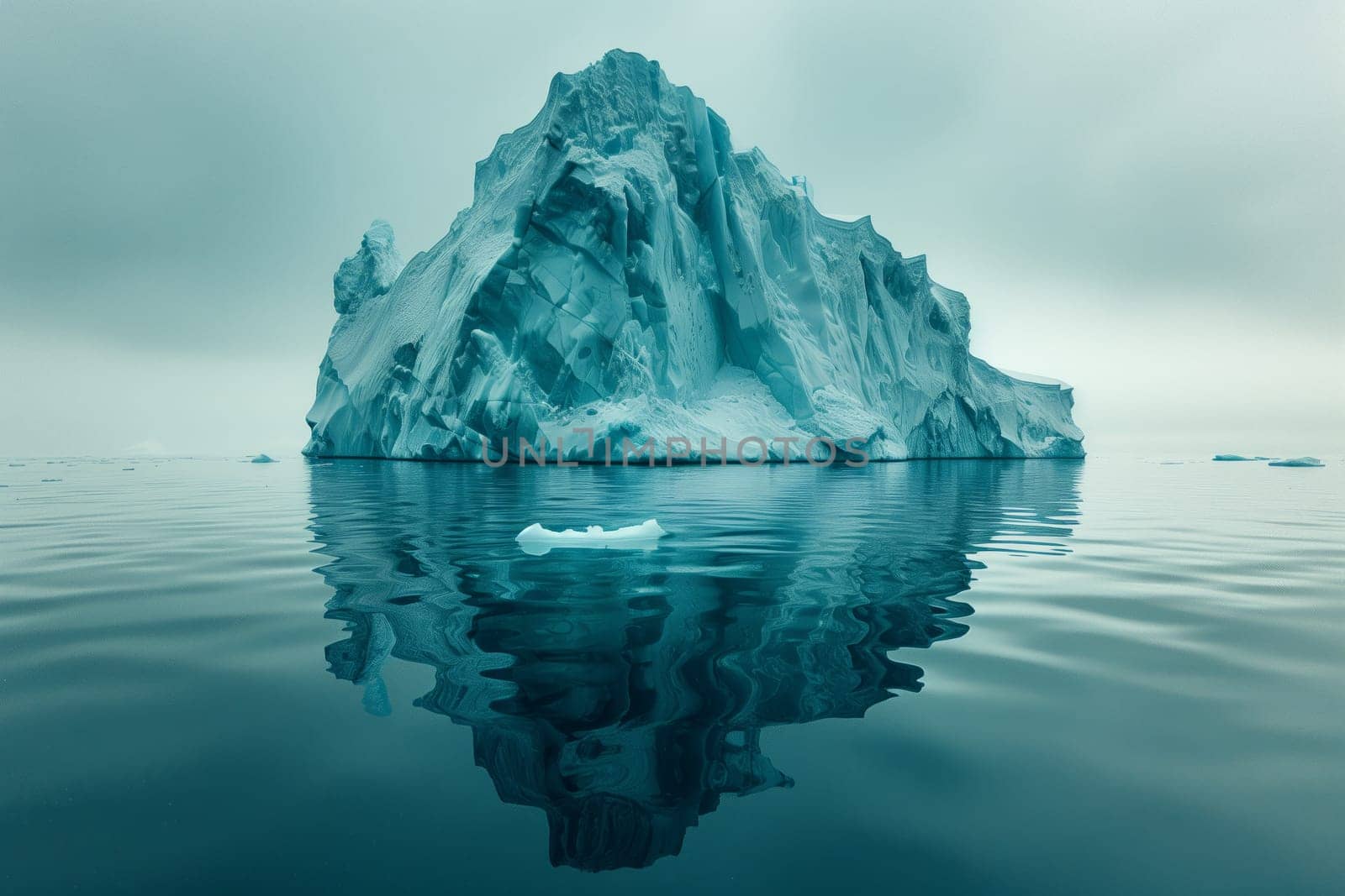 A massive iceberg drifts in the ocean surrounded by water, under a sky blending with the horizon. A stunning natural landscape of polar ice cap and snow