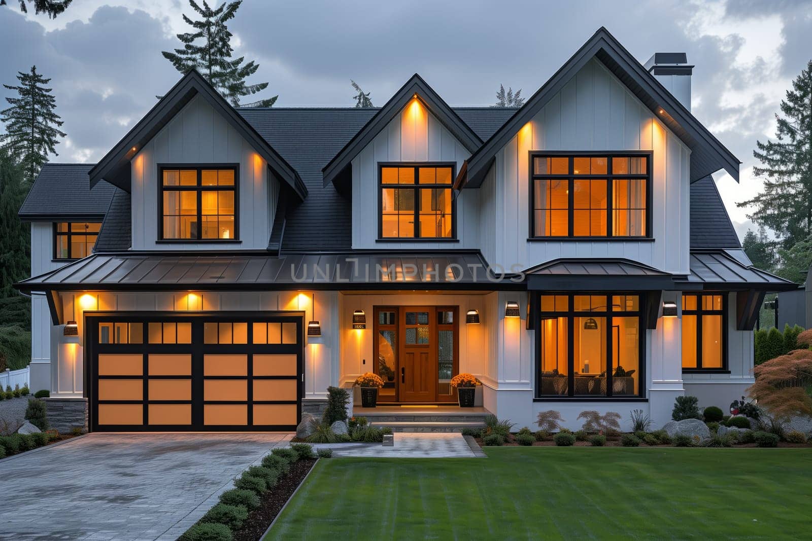 In the residential area, a large white and black house with numerous windows is illuminated at night, creating a striking contrast against the dark sky and surrounding trees and grass