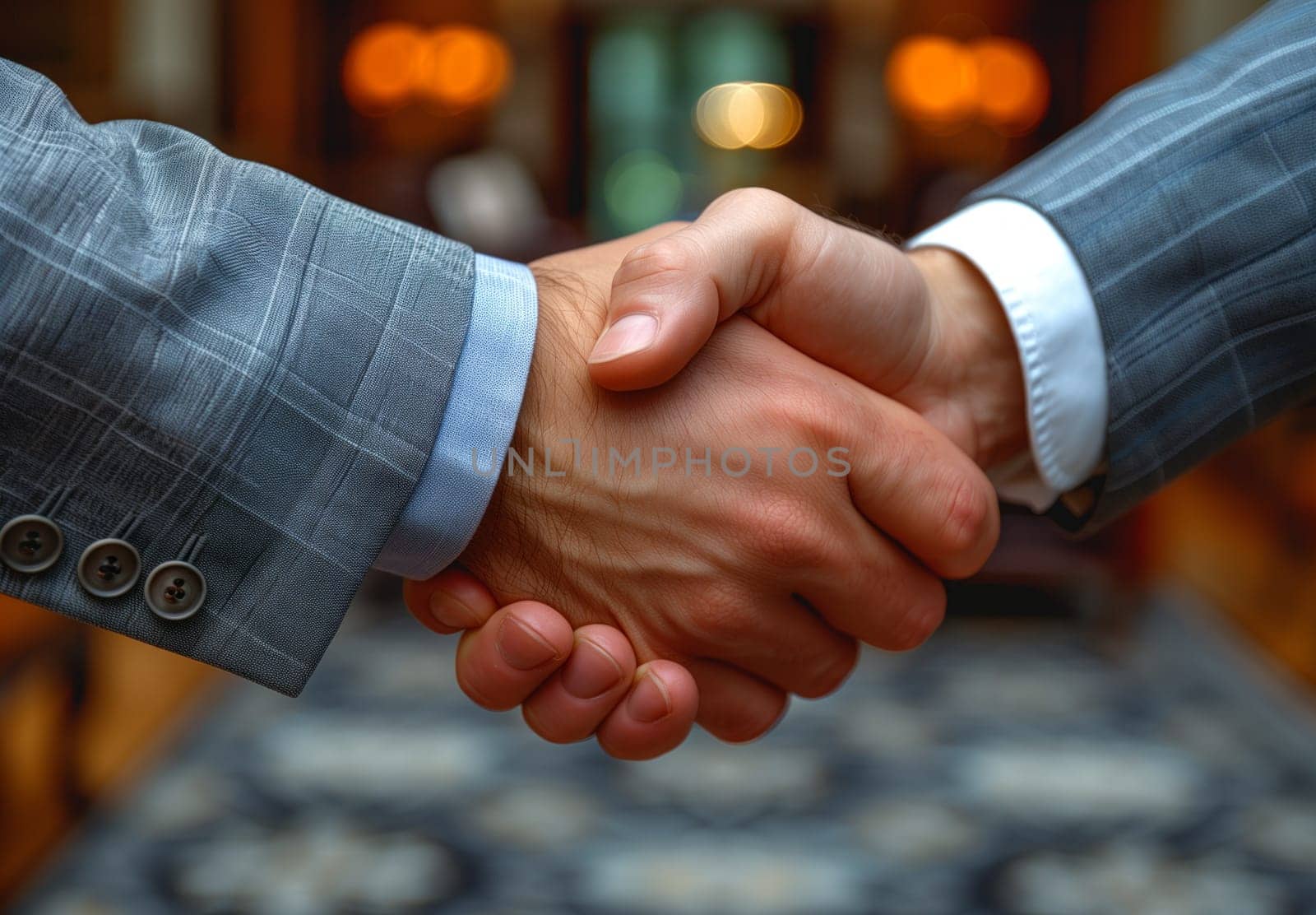 Two men in formal attire are exchanging a handshake in a room, their arms extending as they clasp hands in greeting