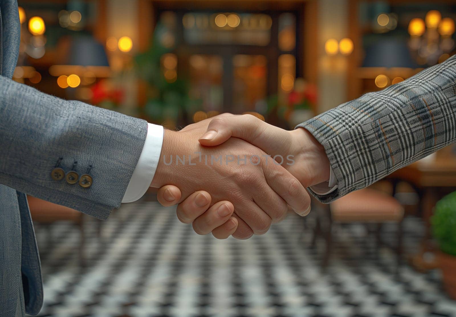 A close up of two men holding hands in a restaurant, their fingers interlocked in a firm and friendly gesture. One mans sleeve is a vibrant electric blue, contrasting with the others neutral tone