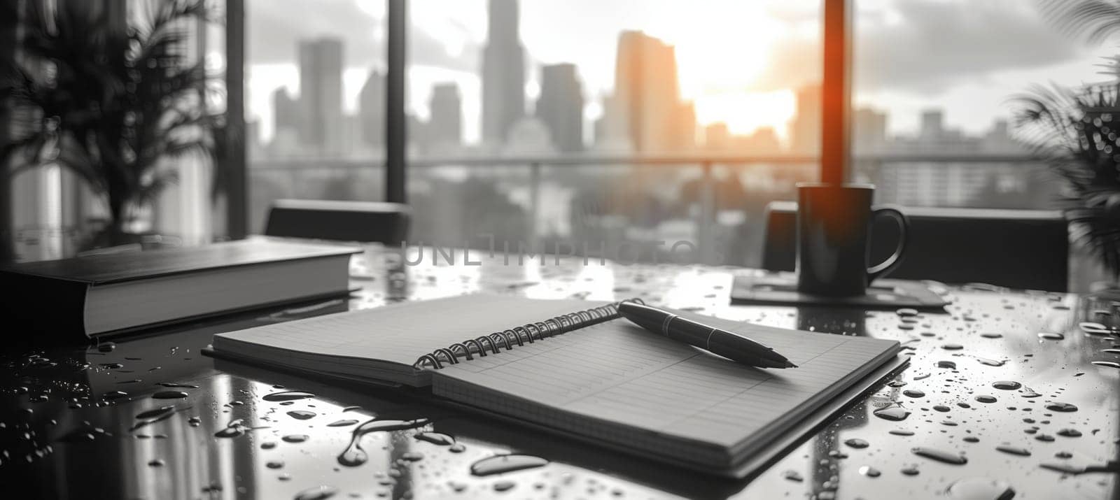 A notebook and pen are placed on a wooden table inside a modern condominium with a view of the city skyline through a large glass window