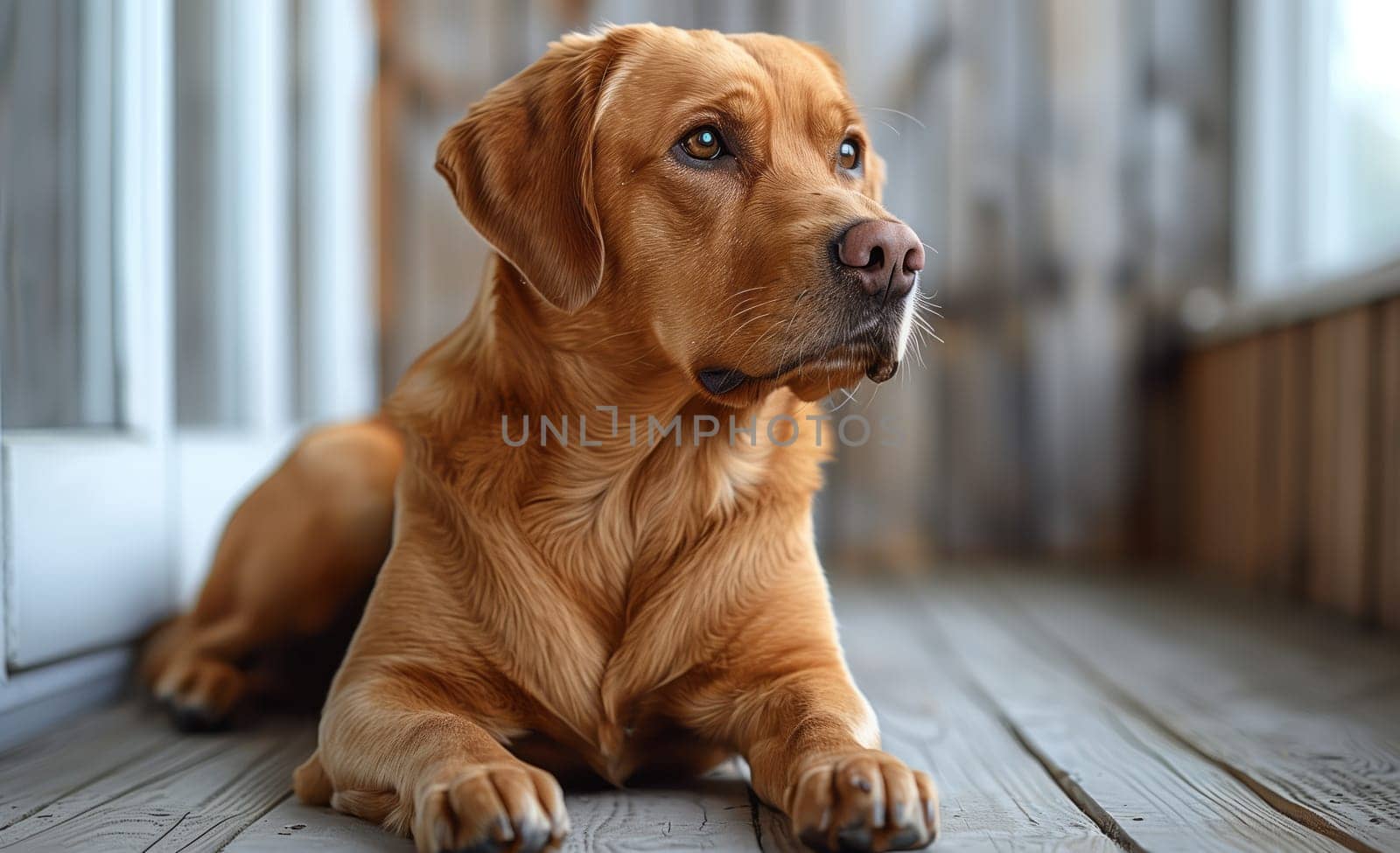 A fawn Companion dog with whiskers is lying on a wooden floor and gazing up by richwolf