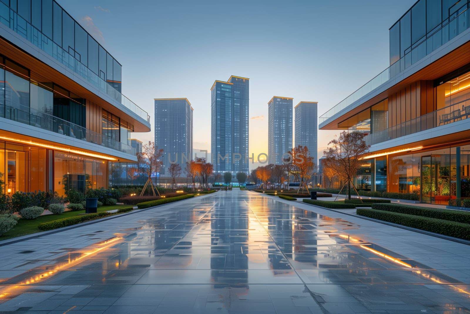 A row of skyscrapers and tower blocks stand tall in the city, creating an impressive urban design. The buildings facades stretch towards the sky, lining the road surface with asphalt