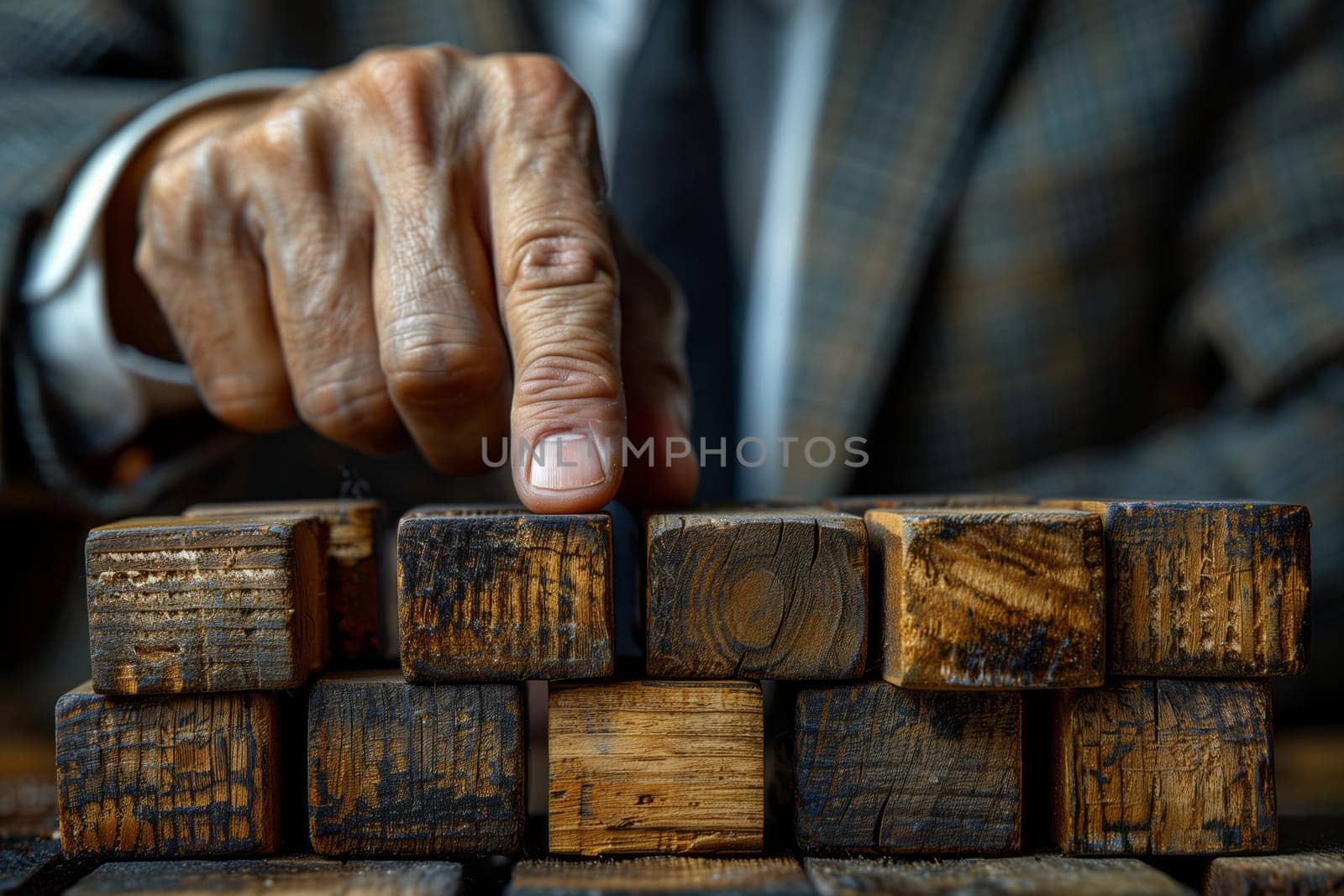 A man in a tailored suit carefully stacks hardwood blocks on top of each other, creating a mesmerizing gesture akin to building a miniature wooden skyscraper