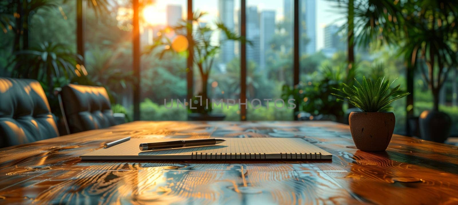 A conference room with a wooden table and chairs, a laptop on it, plants by the window, and a natural landscape artwork on the wall