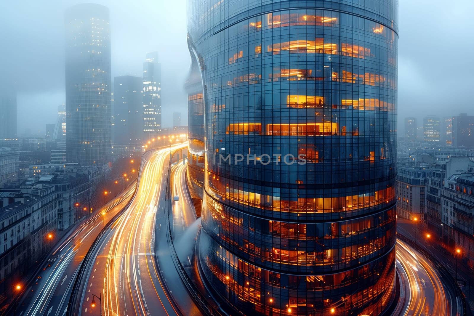 An urban landscape at night featuring a city with skyscrapers and tower blocks illuminated, a highway cutting through the city, showcasing its infrastructure and modern urban design