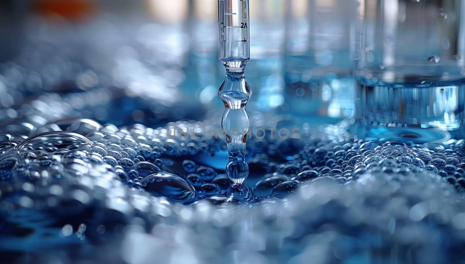 A closeup of a droplet of azure liquid falling into a glass sink. The fluid sparkles like electric blue under the font of the tap
