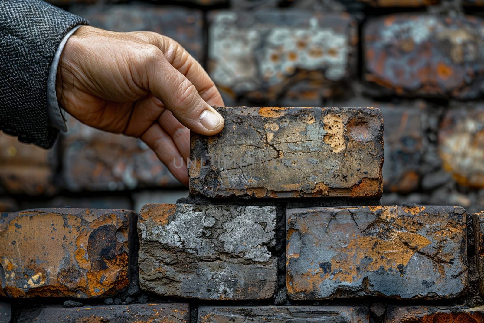 The person is making a gesture with their thumb as they carefully place a brick into the intricate brickwork of the stone wall using mortar, creating a masterpiece of art in building materials