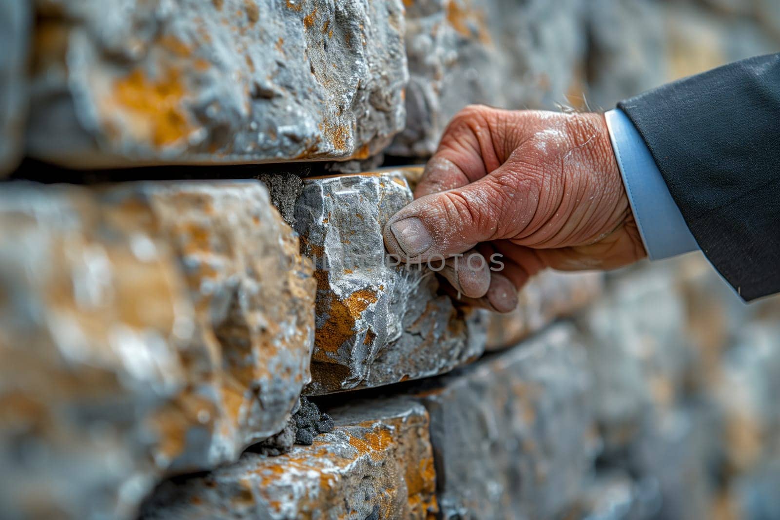 A man in a suit is making a gesture towards a bedrock wall, touching the solid surface with his hand, feeling the texture of the stone