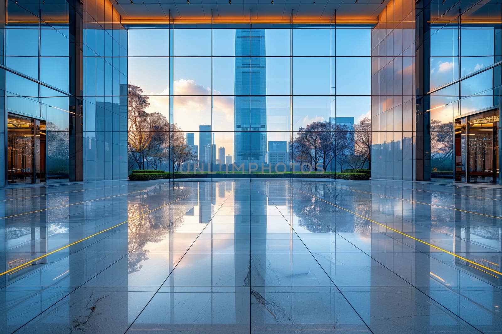 An empty lobby with flooring and fixtures, overlooking the azure city through the windows of the building. A glimpse of a swimming pool in the condominiums facade