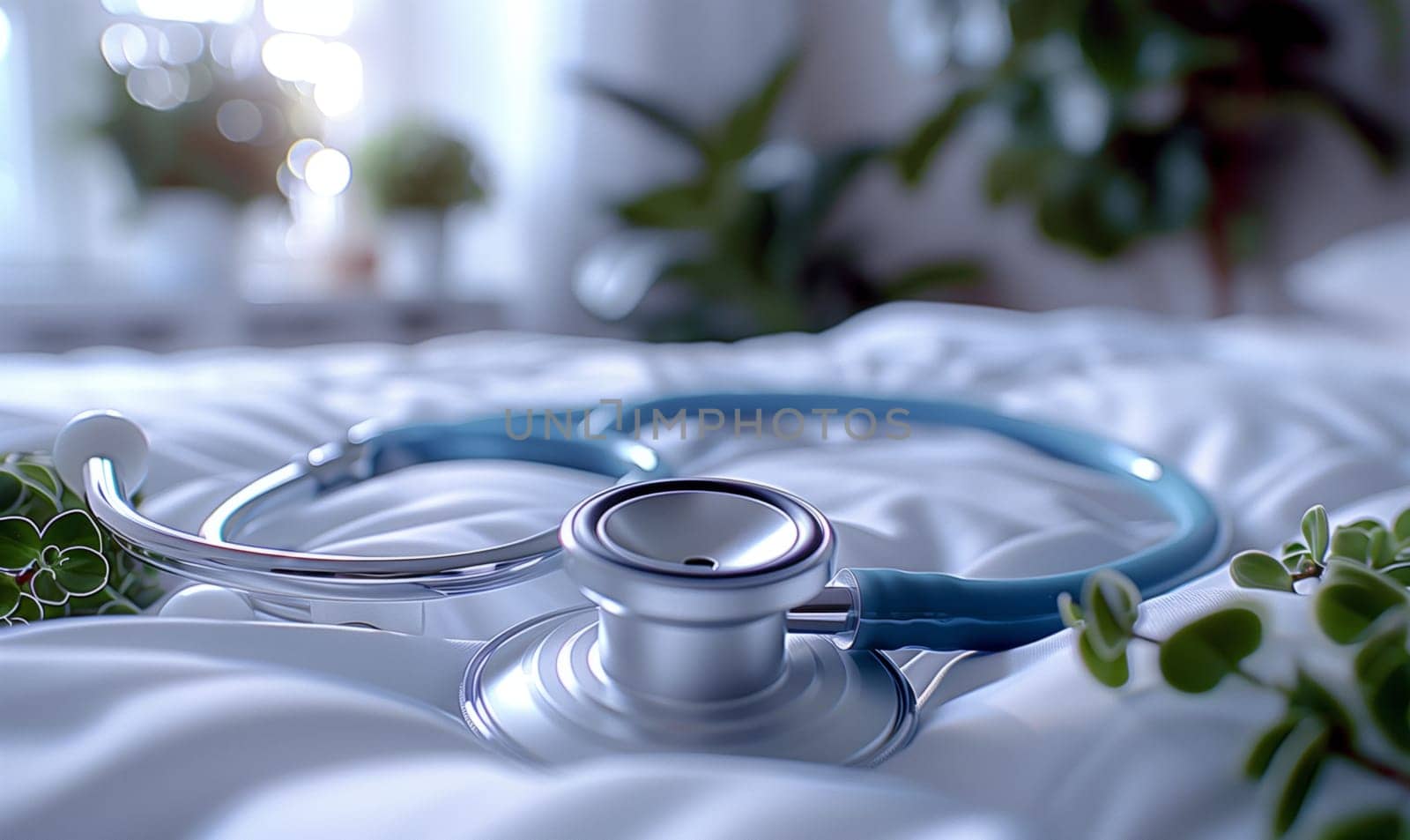 A stethoscope rests on a bed, its electric blue membrane contrasting with the soft blue bedding. The delicate petals of a plant nearby softly touch the transparent material of the stethoscope