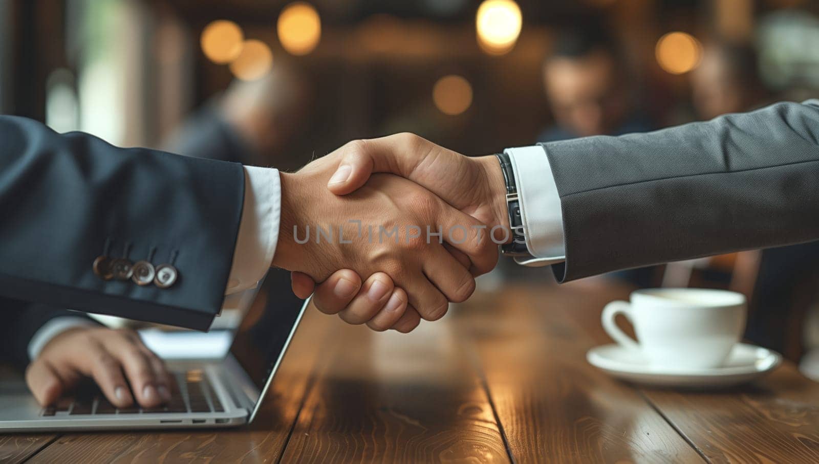 Two men in formal wear shaking hands across a table with a laptop and coffee cup by richwolf