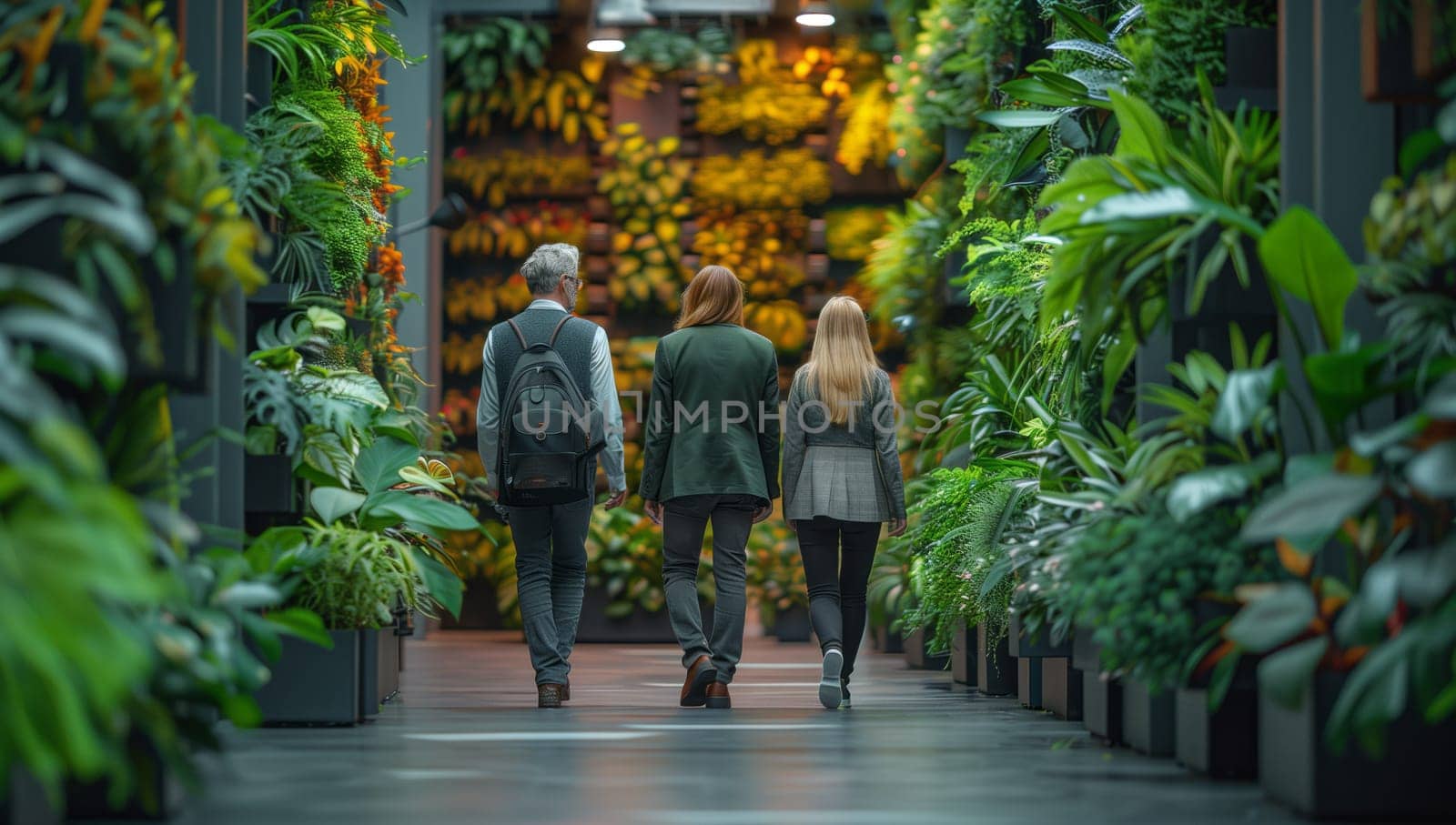 A group of pedestrians is leisurely traveling through a greenhouse filled with terrestrial plants, trees, and grass. They admire the plants and gesture in awe at the vibrant greenery around them