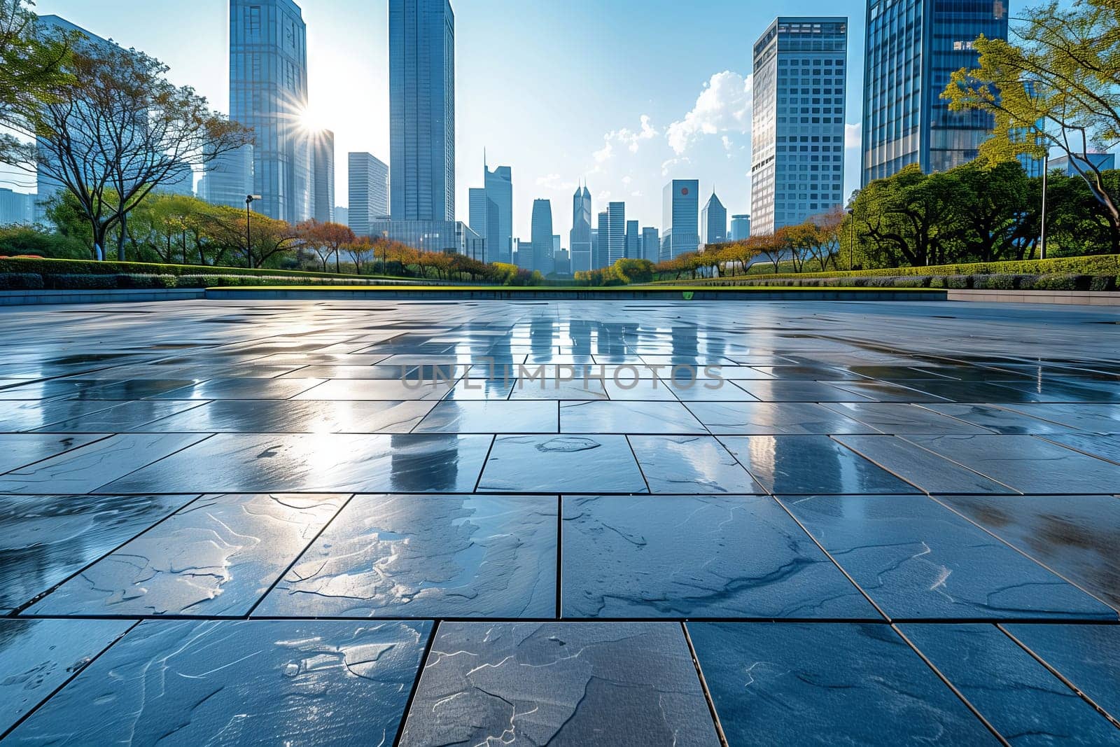 The skyscrapers and tower blocks of the city skyline are mirrored in a puddle on the wet sidewalk, creating a stunning urban design reflection