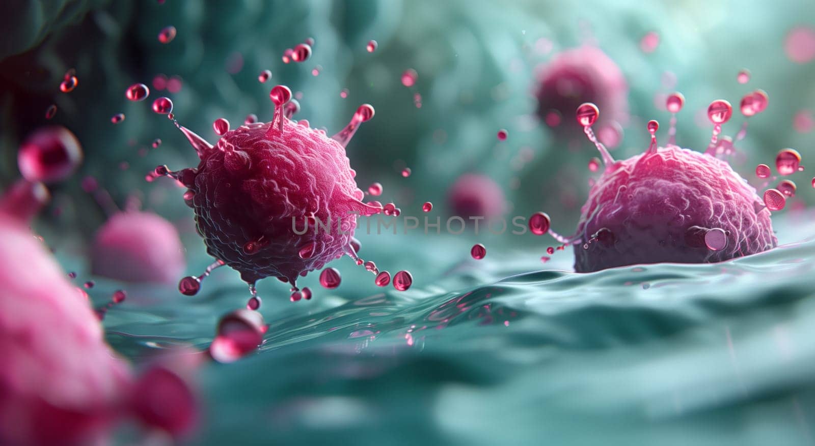 A digital image of a virus infiltrating a cell in shades of pink and magenta by richwolf