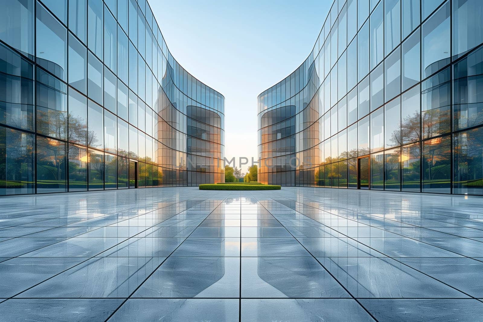 A tower block with a facade of many windows reflecting the sun, in a commercial building setting. The fixture shines in the sky, a striking image of modern real estate