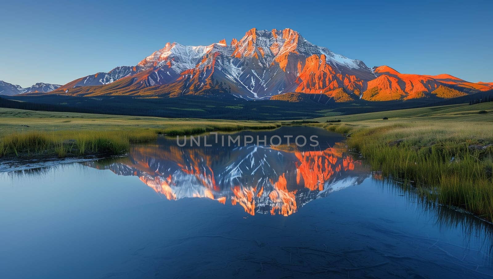 A majestic mountain is mirrored in the tranquil waters of a lake nestled in a vast field surrounded by lush greenery and under a clear blue sky
