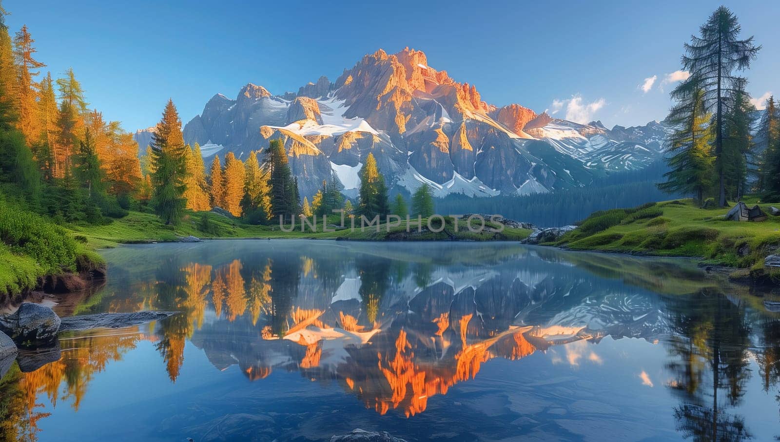 A mountain is mirrored in a tranquil lake nestled amidst lush trees, creating a stunning natural landscape in the highlands