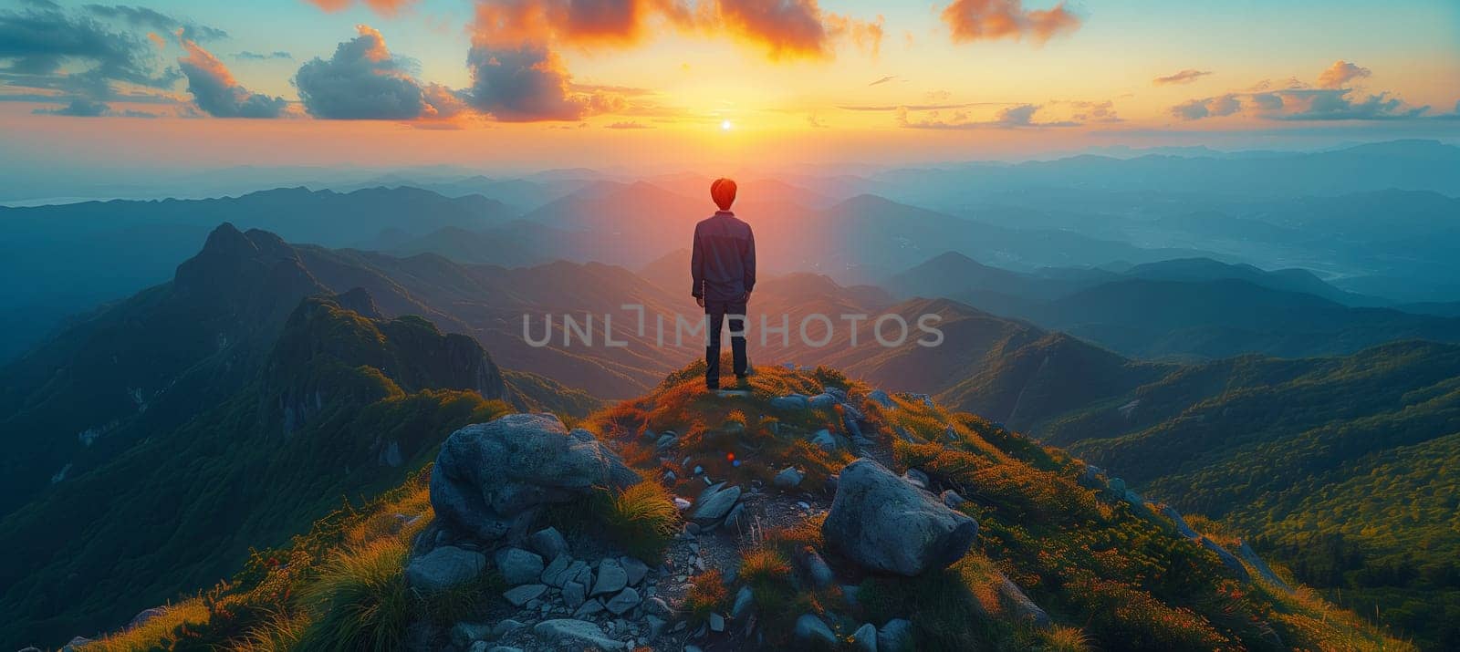Man standing on mountain at dusk, surrounded by stunning natural landscape by richwolf