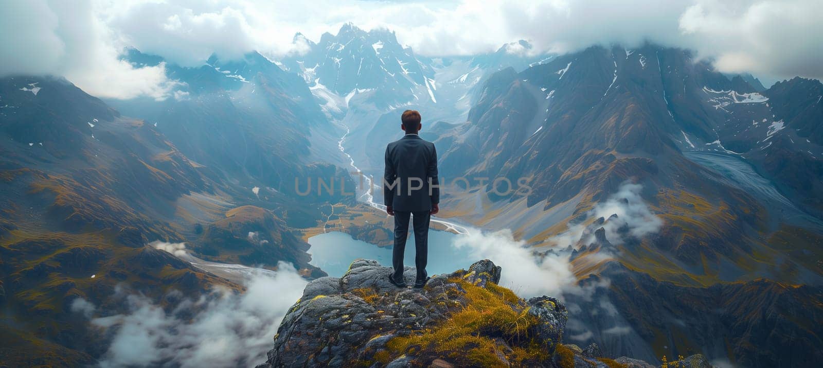 A man in a suit is enjoying the breathtaking view of clouds rolling over the mountain peaks, surrounded by a vast landscape of hills and mountains during his travel adventure