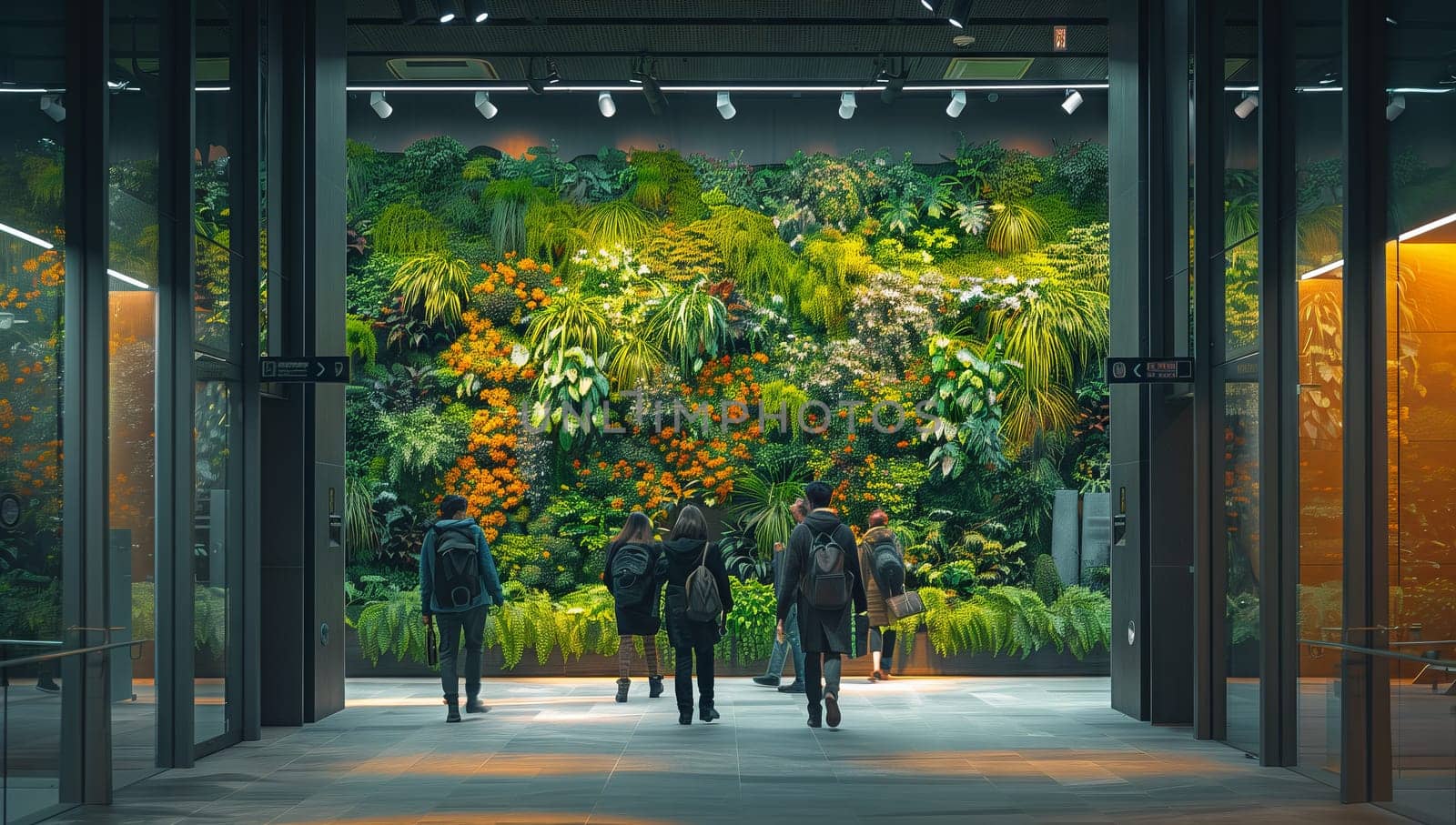 A group of people walks past a towering green facade by richwolf