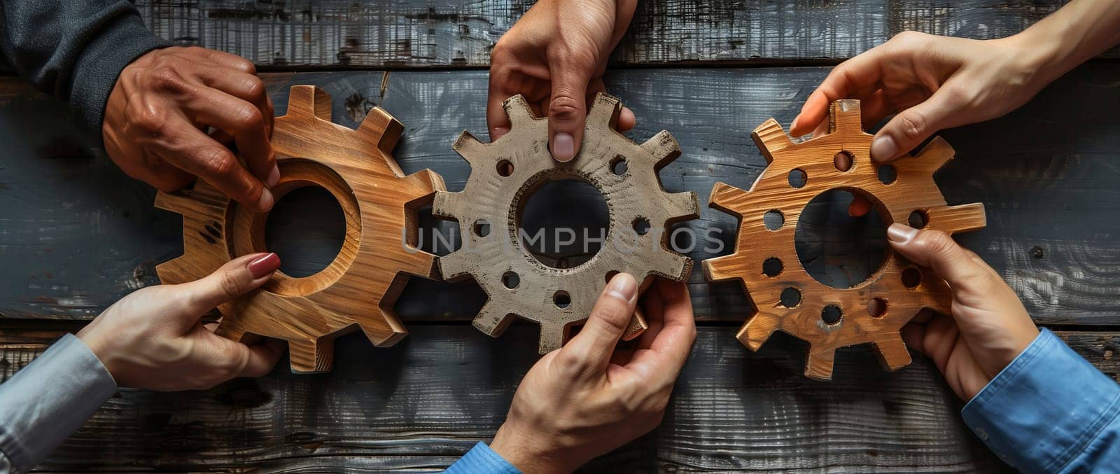 A group of people are holding wooden gears, reminiscent of bicycle parts or musical instruments. The gears are intricately designed, resembling art pieces at a metal and wood event