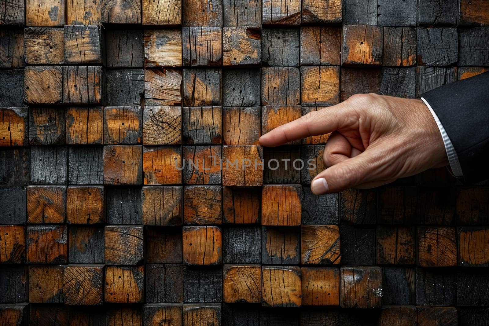 The person is pointing at a rectangular section of the wooden brickwork with their thumb, showcasing the intricate pattern of the building material