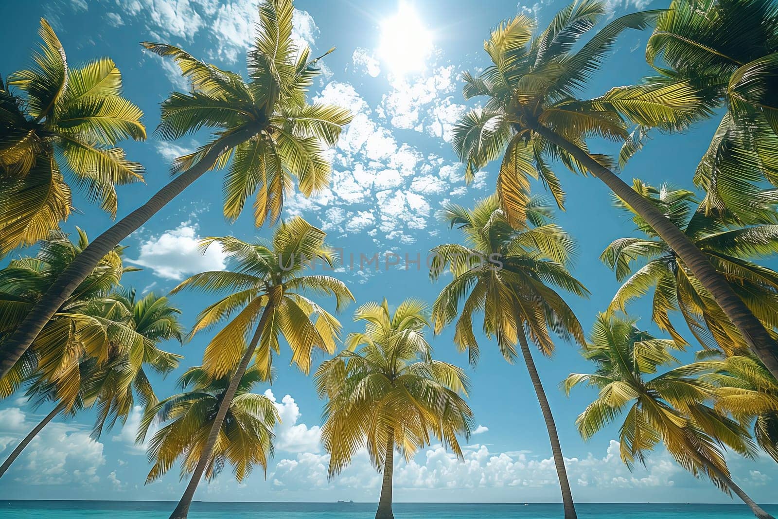 Marveling at the palm trees on the beach as the sun shines through them, creating a stunning display of light and shadows against the azure sky